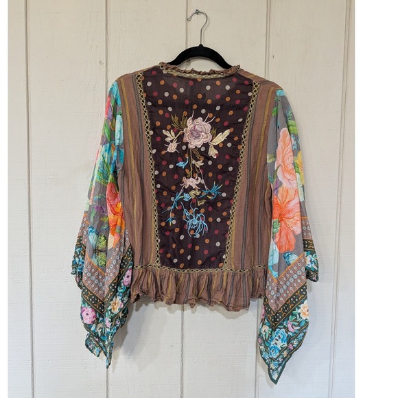 Aratta Silent Journey Tops - Aratta Silent Journey Boho Striped Floral Scarf Sleeve Blouse S Colorful